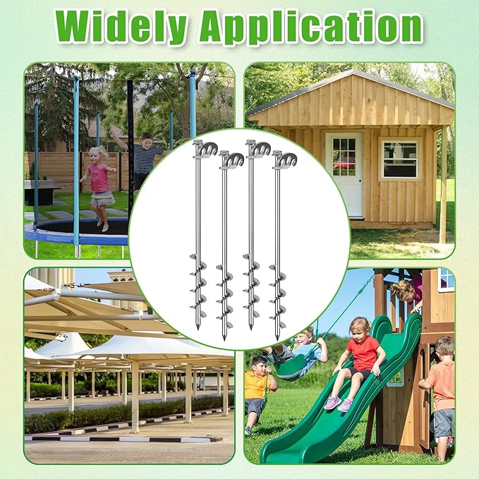 17 Inch Screw in Ground Anchors Kit, 4 Pack Heavy Duty Tent Stakes, Double-Sided Welded Spiral Windproof Earth Anchors for Trampoline, Shed, Swing Set & Mobile Home