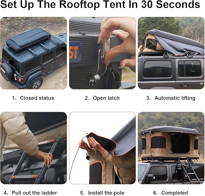 Naturnest Hard Shell Single Roof Tent, 2 Door ABS Roof Tent with 3-Color LED Lights and Built-in USB Plug for Vans, Jeeps, SUVs and Trucks