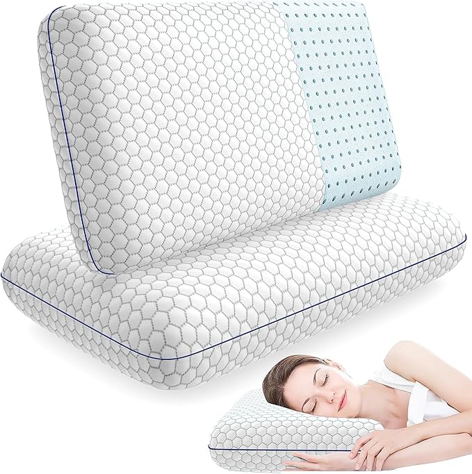 Memory Foam Pillows for Side, Back and Stomach Sleepers, Set of 2, Bed Pillow with Washable Cover and Breathable Mesh, Bed Pillow for Sleeping (Grey,Standard Size)