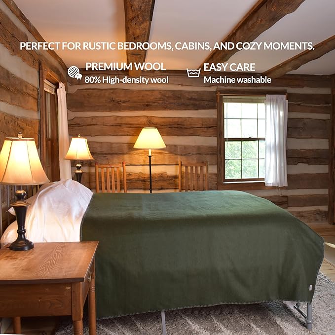 Military Style Wool Blanket – Cushioned, Breathable, Durable, Warm & Washable – Double-Stitched Border– Great for Camping, Outdoor, First Aid, Travel, Car, Fire-Resistant – 64"x90" 4.5lb (Olive Green)