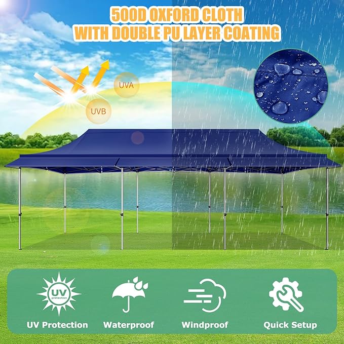 COBIZI 10x30 Pop Up Canopy Tent with Awning,Heavy Duty Canopy UPF 50+ All Season Wind Waterproof Commercial Outdoor Street Vendors Party Tents for Parties Canopy with Roller Bag(10 x 30 ft Dark Blue)