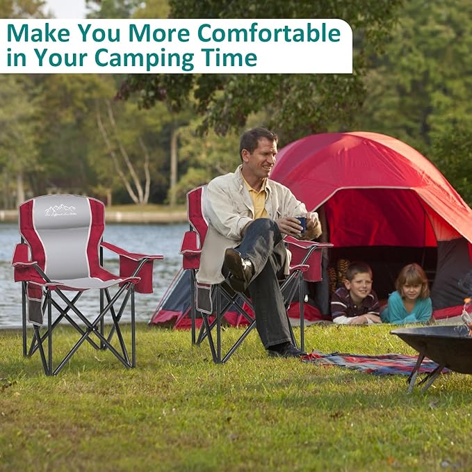 Camping Chair with Cooler Bag, Cup Holder, Storage Pocket, Heavy Duty 450lbs Capacity with Large Anti-Sink Feet, Portable Folding Padded Chair for Outdoor, Beach, Fishing, Sports, Red