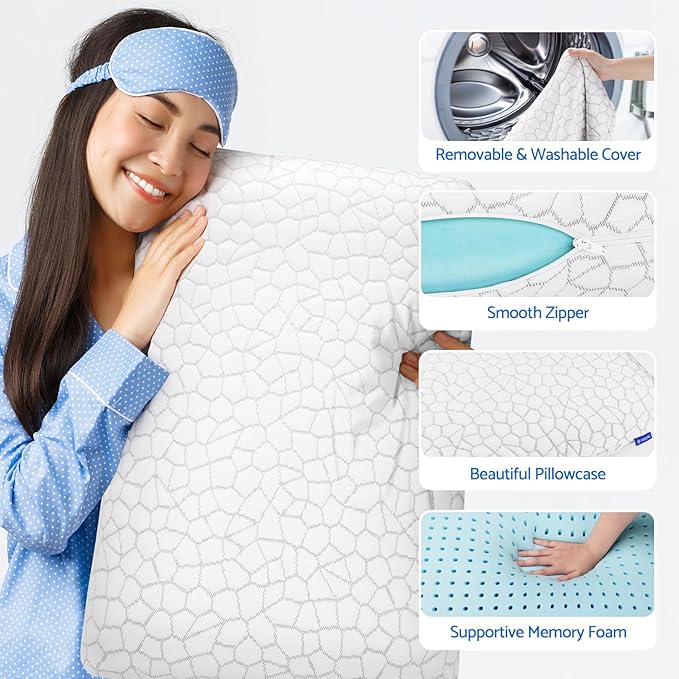 Memory Foam Pillows for Sleeping, Cooling Pillow with Removable and Machine Washable Cover, Bed Pillow for Side, Back and Stomach Sleepers, Standard Size (2 Pack)