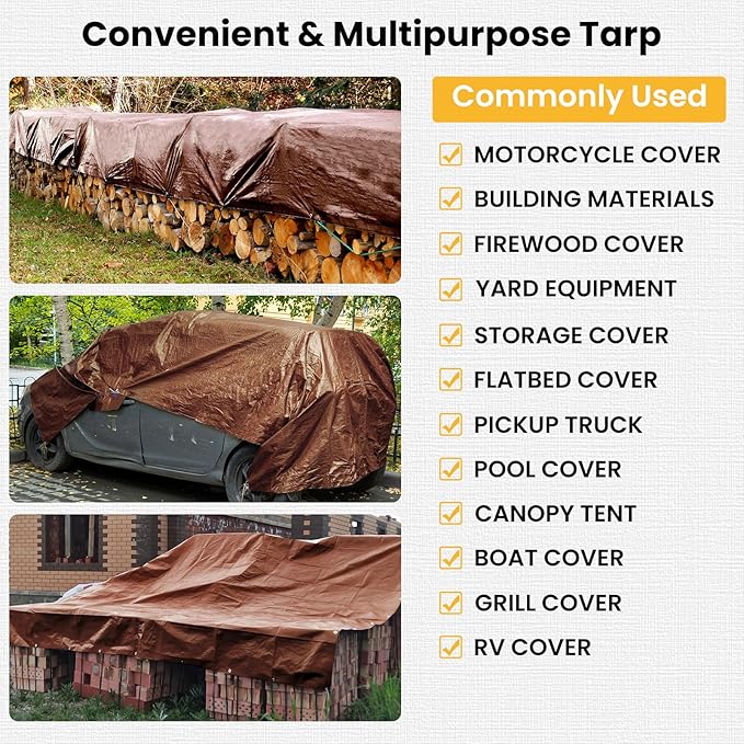 Tarp 8x16FT, 16 Mil Heavy Duty Waterproof Tarp, Large Multipurpose Cover with Brass Grommets and Reinforced Edges, UV Resistant Thick Poly Tarps for Outdoor Camping Tent Pool Car Tent