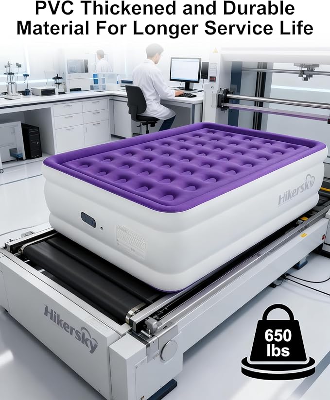 Queen Air Mattress with Built in Pump, Inflatable Mattress for Home, Blow up Air Bed 3 Min Quick Inflation and Deflation, Thin Velvet Top, 22'' Queen Size Purple