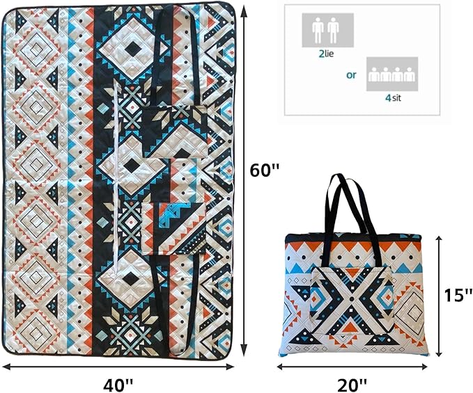 Outdoor Packable Picnic Blanket with Zipper Folds into Tote Bag with Large Storage and Shoulder Strap, Waterproof Sandproof for Lawn Beach Hiking Camping (colorful2, Small)