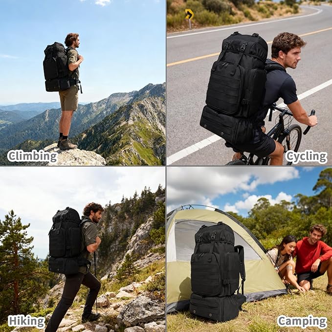 Hiking Backpack, 80L Molle Military Tactical Rucksack, Camping Backpack with Shoe Compartment, Lightweight Rucksack for Men, Water Resistant Hiking Daypack Survival Bag Hiking Bag (Black)