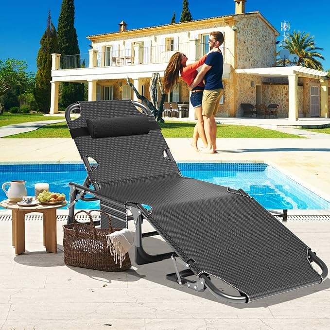ABORON 3-in-1 Folding Patio Lounge Chair, 440LB Heavy-Duty Tri-Fold Guest Bed with Plush Cotton Cushion, No Assembly Adjustable Recliner for Office Nap, Patio Sunbathing, Poolside & Camping