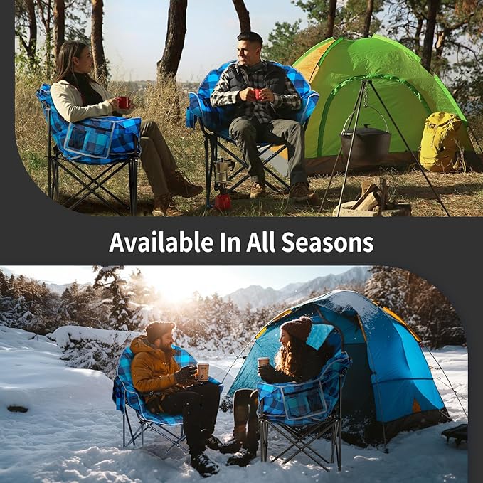 Oversized Heated Camping Chair, 3 Heating Levels Portable Folding Camp Chairs with Pillow and Storage Bag, Outdoor Heated Moon Chair for Camping Lawn Patio Beach and Picnics, Blue Grid