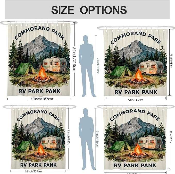 Mountain Shower Curtain, Outdoor Adventure Tent Campfire Summer Green Waterproof Fabric Design Print Bath Curtains for Bathroom Bathtub Apartment Decor 72x78 Inch