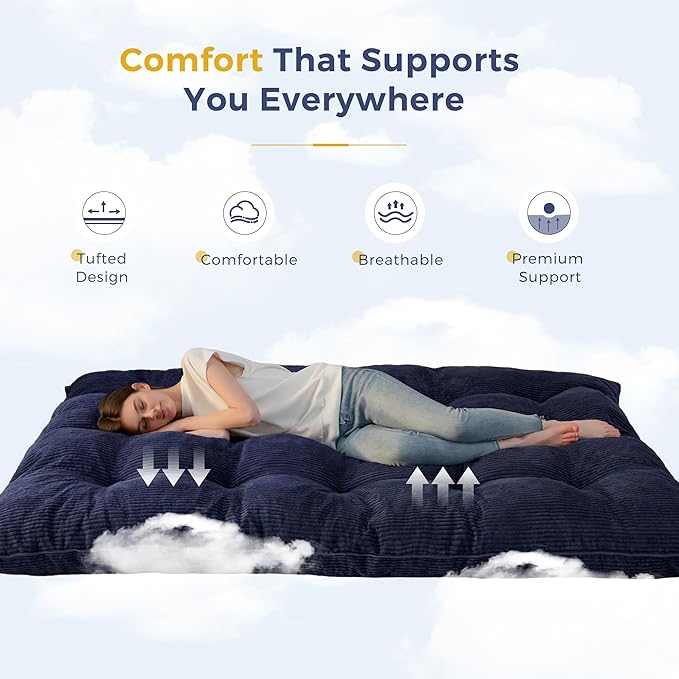 MAXYOYO 6" Japanese Floor Mattress, Foldable Futon Mattress Full Size, Tufted Roll Up Floor Bed, Thick Tatami Mat Sleeping Pad Portable Lounger for Camping Guest Room Dormitory Bedroom RV, Navy