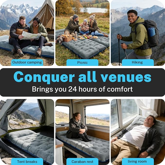 Camping Sleeping Pad, 6in Velvet Inflatable Camping Mat, Insulated Camping Mattress Built-in Foot Pump Compact Sleeping Pad for Camping Ultralight Self Inflating Camping Pad for Hiking Car Camp Gear