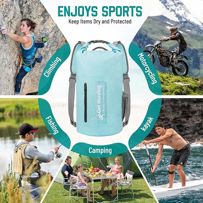 BKNOOU Dry Bag Waterproof for Women Men, 10L/20L Roll Top Lightweight Dry Storage Bag Backpack for Travel, Kayaking, Boating, Rafting, Camping, Hiking and Beach, with Phone Case (Light blue, 10L)