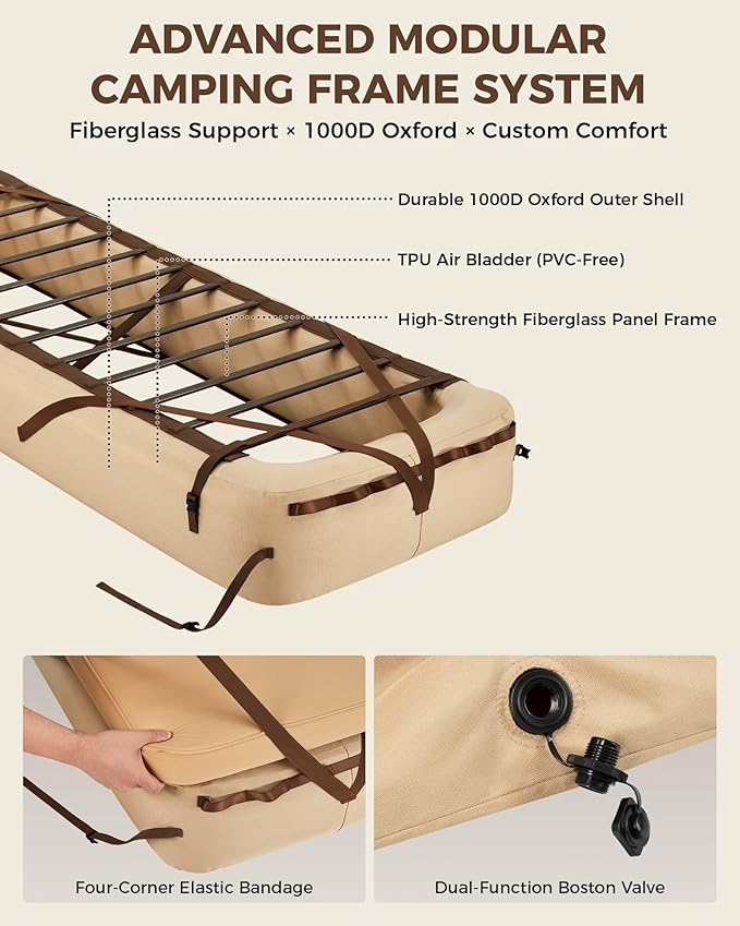 KingCamp Camping Air Bed Frame & Sleeping Pad Combo - Self-Inflating Foam Pad with R-Value 7.5, Lightweight & Durable, Modular Inflatable Cot with Storage Space, Portable, All-Season