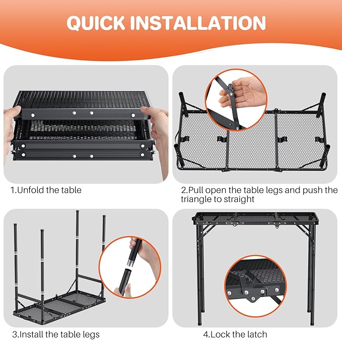 FUNYKICH 3ft Folding Grill Table for Outside 35.4''x15.7'', Max Height 29.4'' Portable Camping Tables, 3 Height Adjustable Lightweight Metal BBQ Table with Carry Handle for Camping, Picnic, BBQ, Black