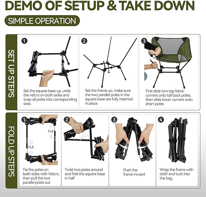 MARCHWAY Ultralight Folding Camping Chair, Heavy Duty Portable Compact for Outdoor Camp, Travel, Beach, Picnic, Festival, Hiking, Lightweight Backpacking (Green)