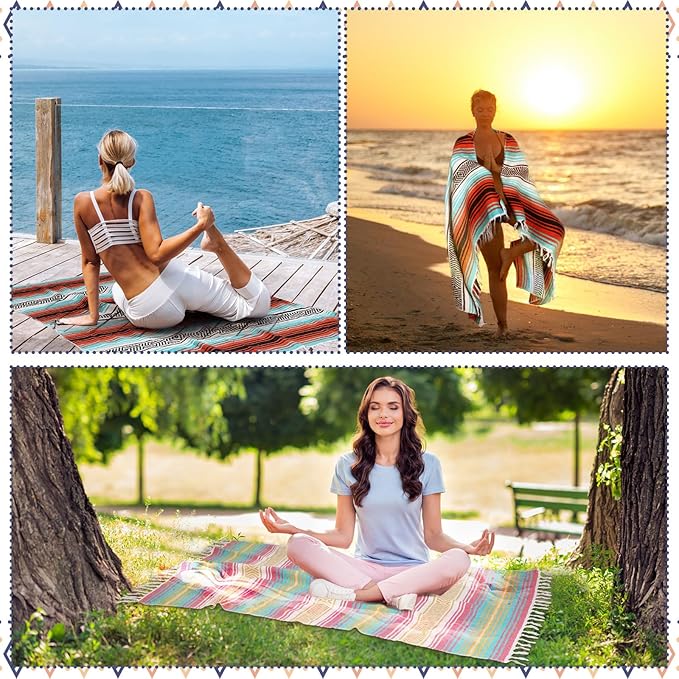 Peryiter 9 Pcs Mexican Blanket Bulk Large Yoga Blanket Striped Falsa with Fringed for Outdoor Beach Picnic Couch, 45 x 70 inch(Bright Colors)