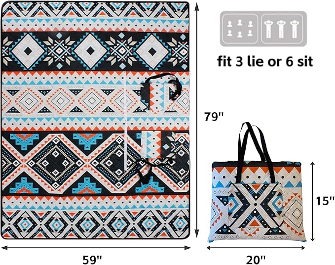 Outdoor Packable Picnic Blanket with Zipper Folds into Tote Bag with Large Storage and Shoulder Strap, Waterproof Sandproof for Lawn Beach Hiking Camping (colorful2, Large)