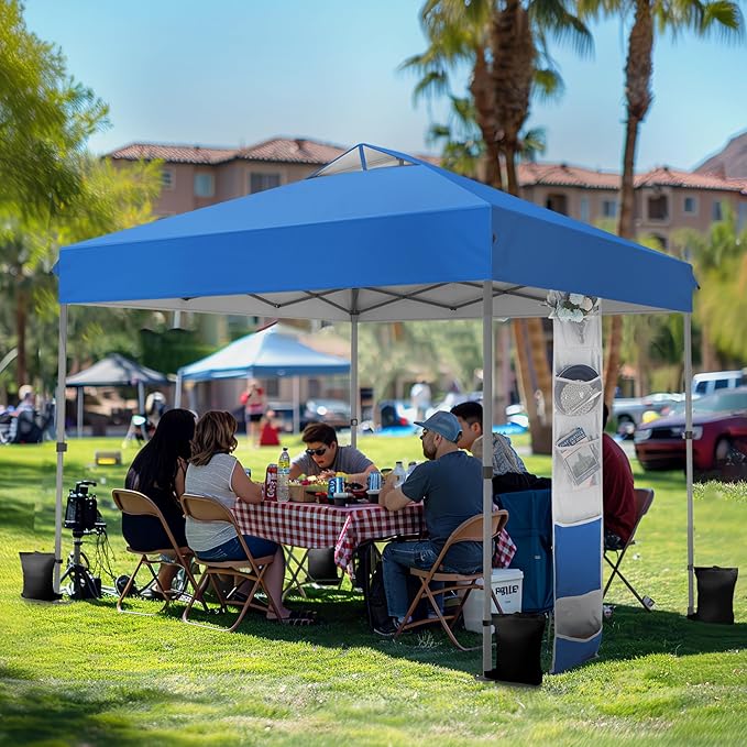 PHI VILLA 10’ x10’ Pop Up Canopy Tent - One Push Setup, Instant Shade Tent with Vented Roof for Beach & Events - Includes Storage Bag, Sandbags, Stakes & Ropes (Blue)