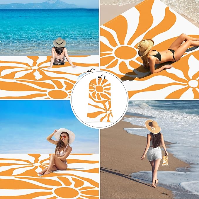 Beach Blanket, 78''×86'' Waterproof Sandproof Beach Mat with 4 Stakes & 4 Pockets, Lightweight Outdoor Picnic Blanket for Travel, Camping, Hiking