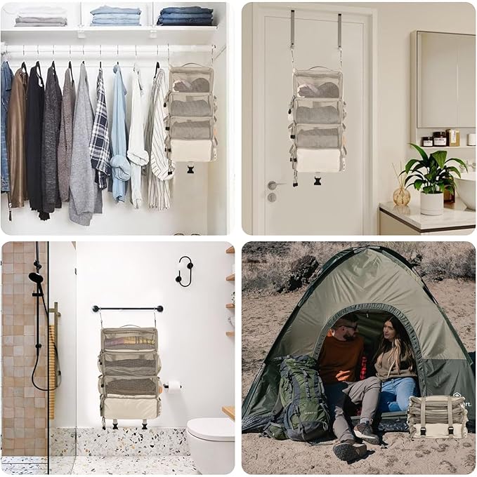 Surblue Travel Hanging Packing Cubes with 2 Hooks Hanging Shelves for Luggage Organizers Portable Compression 4 Shelf Closet Carry-on Suitcases Organizers, Small, Beige