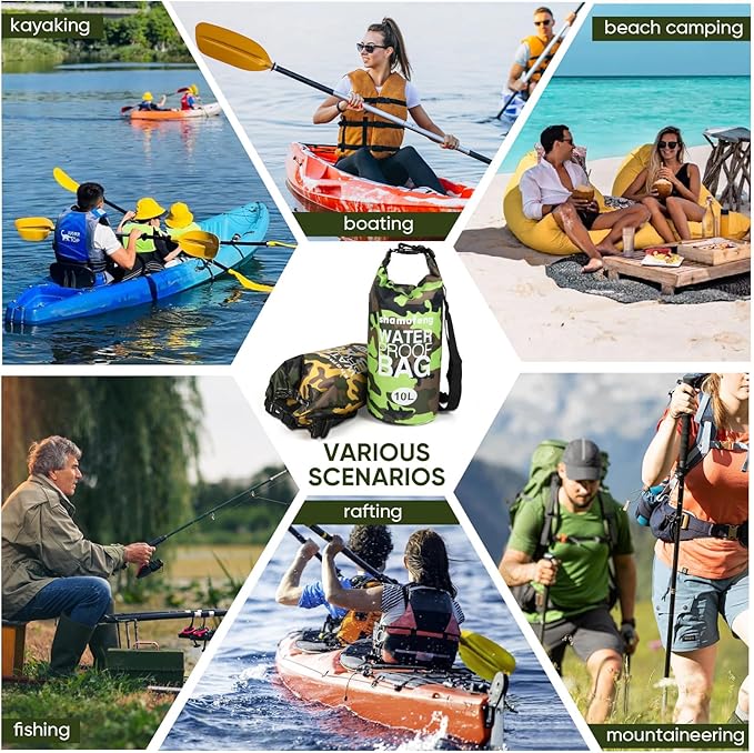 Waterproof Dry Bag 5L/10L/15L/20L/30L Roll Top Dry Storage Backpack with Phone Case, Collapsible Water Bottle, Sunglasses, Ear Band for Kayaking Boating Swimming Fishing Camping, Green 30L