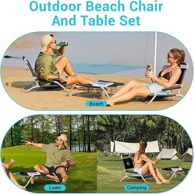 #WEJOY 2 Pack Beach Chairs and Table Set Folding Low Beach Chairs for Adults Lightweight Beach Chair with Carry Bag for Outdoor Beach Lawn Camping Picnic Blue Beach Chair & Table Set