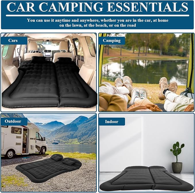 SUV Air Mattress, Inflatable Car Air Bed Truck Camping Mattress for Back Seat Thickened Travel Sleeping Pad with 1 Charge & Air Pump Flocking Car Bed For SUV, Rear Seat, Trunk, 68L× 51W × 5.11H"