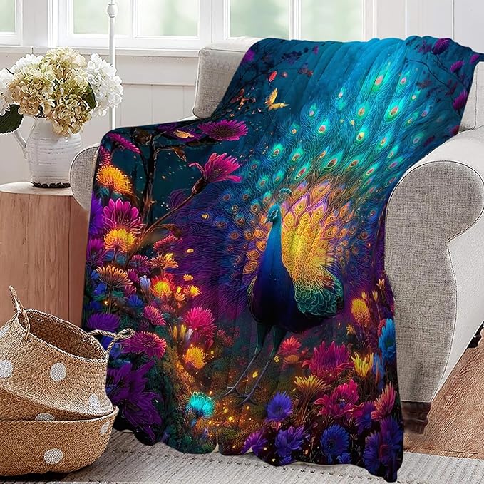 Fantasy Peacock Blanket Animal Throw Blankets Gifts for Girls Boys Kids Peacock Lover Soft Cozy Fleece Plush for Couch Sofa Bed 60"x50"