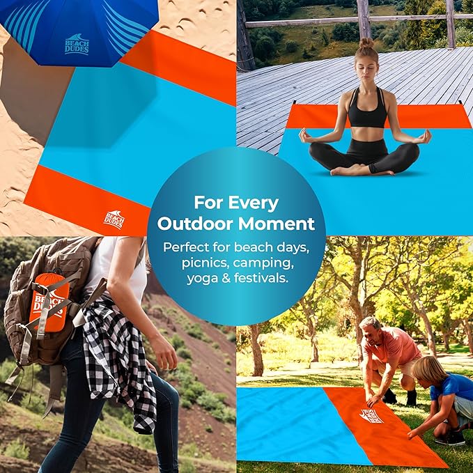 Sandproof Waterproof Beach Blanket Extra Large 108"x 84", Mat for Family, Quick Dry Ripstop Nylon Lightweight, Compact for Travel, Picnic, Camping w/ 4 Anchor Stakes and Carry Bag