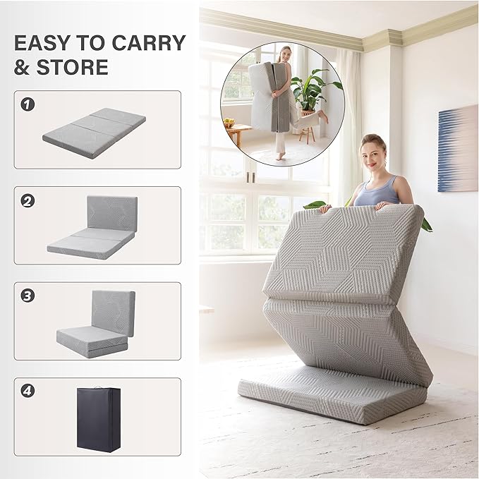 Tri-Fold Memory Foam Mattress, 6 inch Full Folding Topper with Collapsible and Washable Cover, Travel and Guest Mat, 75"×54"×6", Grey