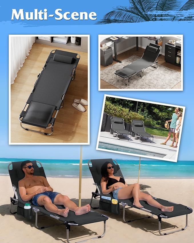 WLIVE Outdoor Tanning Chair, 5-Position Folding Beach Chair with Face Hole for Adults, Portable Patio Lounge Chair for Beach, Pool,Camping,Black