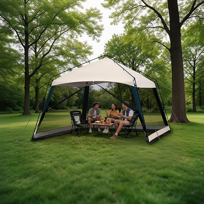 12 x 12 FT Camping Screen Tent for 8-10 Person, Easy Setup Screen House with UV 50+ Sun Protection & Mosquito Net for Camping, Backyard, Picnic, Patio Outdoor Beige & Navy