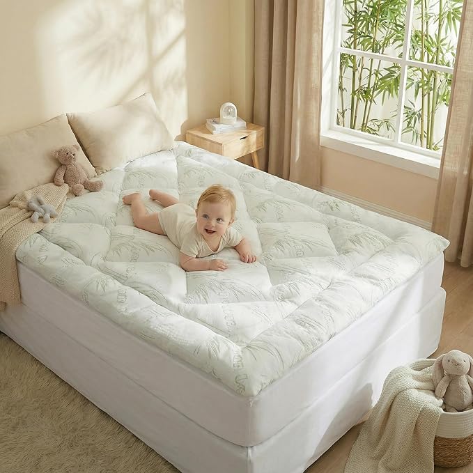 Bamboo Mattress Topper Twin XL Size with Deep Pocket 1700 GSM Cooling Shredded Memory Foam Mattress Pad Rayon Derived from Bamboo, Ideal for Side Sleepers, Back Pain, Hot Sleepers