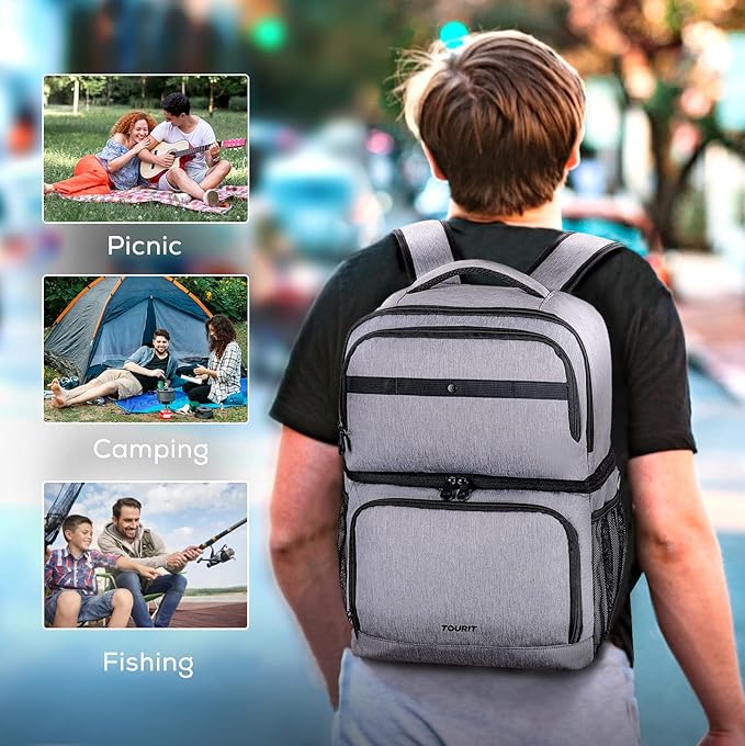 TOURIT Backpack Cooler with Double Decks, Insulated Cooling Bag for Lunch, Waterproof Lightweight for Men to Camping, Picnic, Hiking, Beach Park