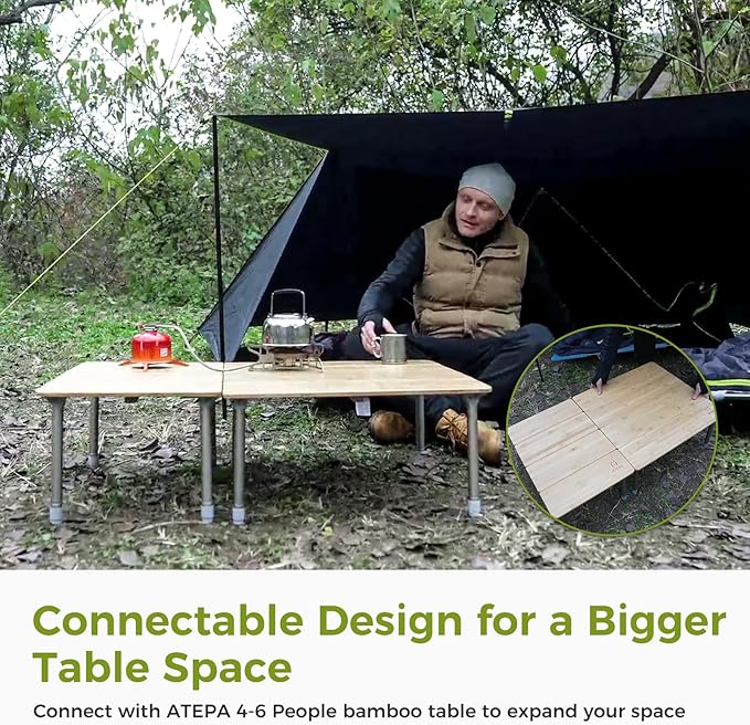 ATEPA Bamboo Folding Table, 32 * 24'' Adjustable Height Folding Camping Table, Eco Friendly l Wooden Folding Table with Aluminum Legs, Carry Bag for Picnic Beach Fishing Outdoor Indoor, 2-4 Person