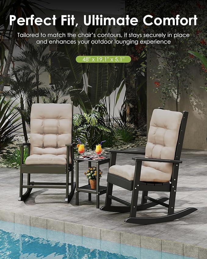 GREENVINES Rocking Chair Cushion | Polyester | Waterproof | Outdoor High Back Rocker Chairs Cushions | Seat with Ties | Non-Slip | Thickened Pad for Patio | 46.5" x 18.5" x 4.3" | Beige