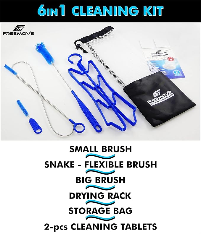 Hydration Bladder Cleaning Kit 6in1 - Clean and Maintain 2L and 3L Water Bladders with Ease - Includes 3 Brushes, Drying Hanger, Carry Bag & 2 Cleaning Tablets For Any Camelback Water Pack Backpack