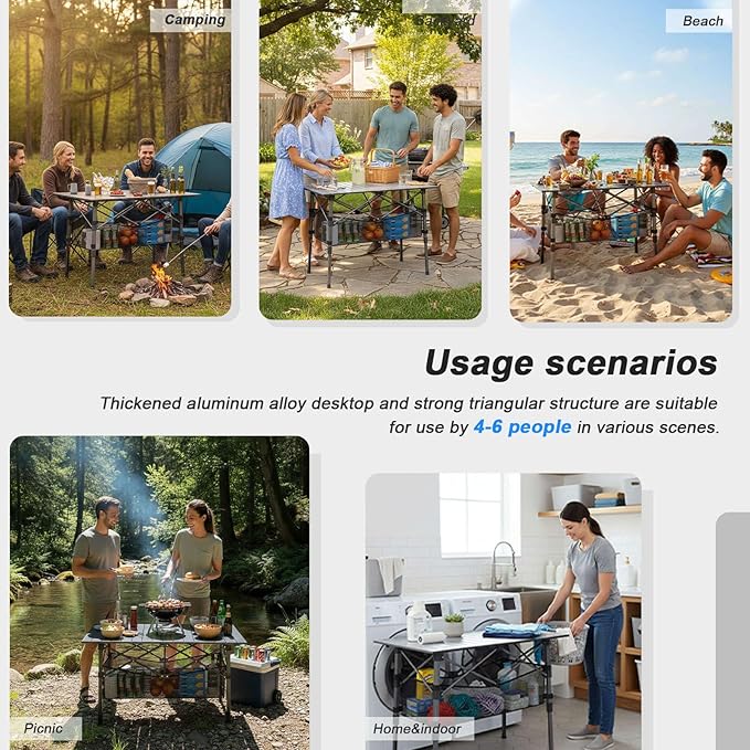 Portable Camping Table with Adjustable Height Legs, Lightweight Aluminum Roll-up beach tables for sand foldable,Folding Picnic Table Large Storage Basket for Outdoor camping (Black, Medium 37")
