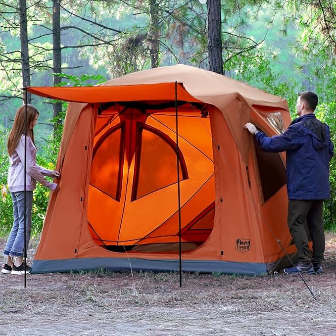 TIMBER RIDGE Instant Pop Up Hub Tent, 4 Person Portable Weather Resistant Camping Tent, 60 Second Set-Up, Easy Up Tents with Rain Fly and Carry Bag, Orange