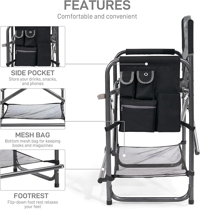 EVER ADVANCED 2 Piece Medium Tall Directors Chair Foldable Makeup Artist Chair Bar Height with Side Table Cup Holder and Pocket Footrest, Supports 400LBS Grey, Seat Height: 23.2 inches