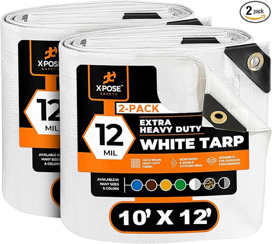Heavy Duty White Poly Tarp 10' X 12' (2-Pack) - Multipurpose Protective Cover - Durable, Waterproof, Weather Proof, Rip and Tear Resistant - Extra Thick 12 Mil Polyethylene - by Xpose Safety
