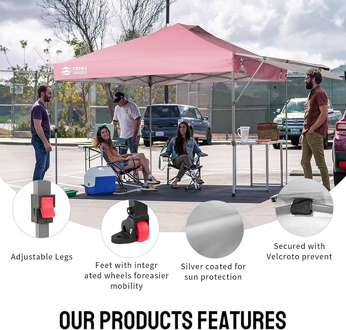 CROWN SHADES 10x10 Pop up Canopy Tent, Instant Commercial Canopy with Extend Awning, Patended Centerlock, 150D Silver Coated Fabric, 4 Ropes, 8 Stakes, 4 Weight Bags, STO 'N Go Bag, Pink