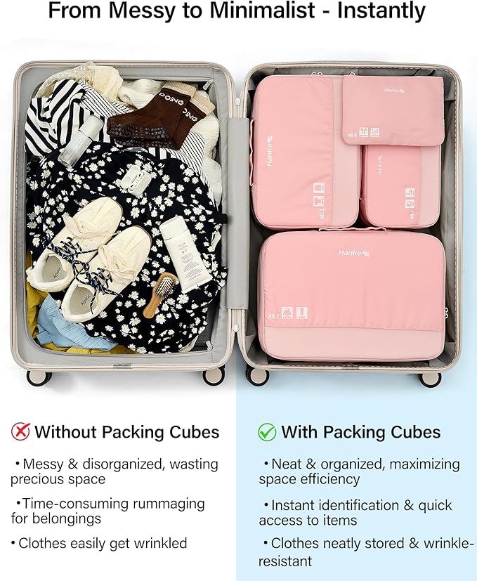 Hanke 7 Piece Expandable Compression Packing Cubes, Premium Travel Packing Organizers for Suitcases/Carry On, Luggage Organizer Bags with Breathable Mesh & Label,Pink