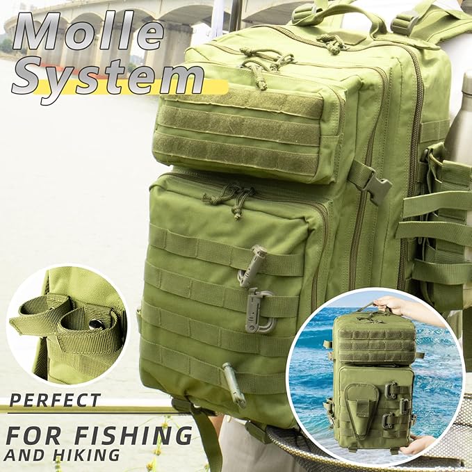 Large 45L Tactical Fishing Tackle Backpack with Removable Plier Holder & Rod Holders Storage Fishing Gear and Equipment Tackle Bag Hiking Backpack without Tackle Boxes Green