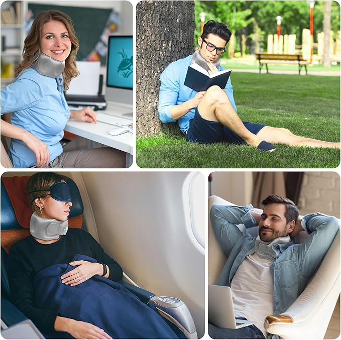 ONTYZZ Grey Inflatable Travel Pillow 360° Head Support Aircraft Neck Pillow Skin-Friendly Fabrics Relief Prevent Snoring of Cervical Spine Pressure for Camping Airplane Office Home Travel