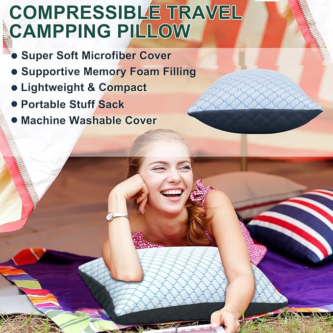 Gehannah Travel Pillow - Large 1 Pack Compressible Camping Pillow for Sleeping - Shredded Memory Foam with 1 Storage Bags - Supportive for Adults, Kids, Outdoor, Backpacking, Hiking Gear