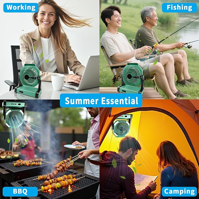Camping Fan with Smart Voice, 22500mAh Battery Powered Portable Fan with Light&Hook, 5-Speed 270°Adjustable, Camping Essentials for Indoor, Tent, Travel, Patio, RVing, BBQ, Fishing, Jobsite