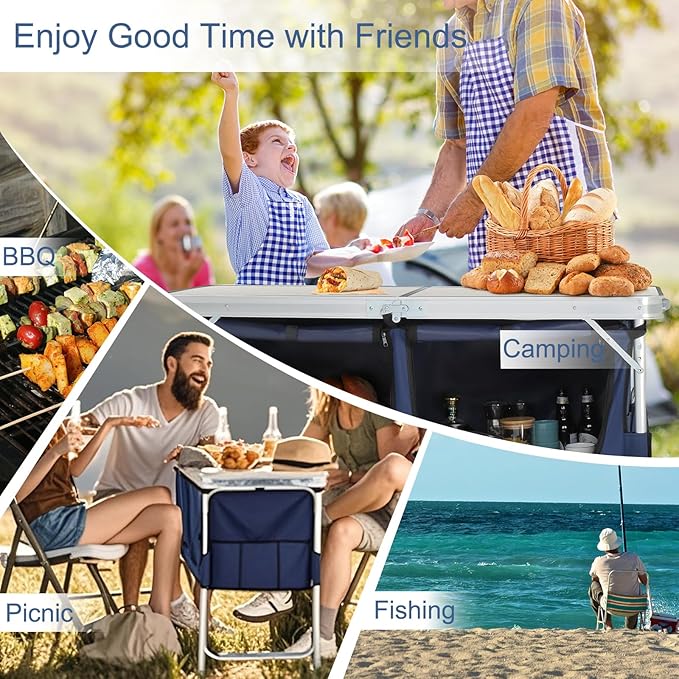 Outvita Folding Table, 4FT Aluminum Camping Table with Large Storage Space and Adjustable Height Picnic Table Lightweight for Carring Outdoor Party Events Beach