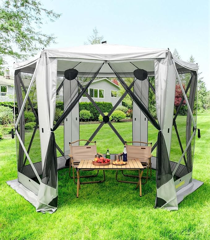 6 Sided Pop Up Gazebo Tent, Camping Screen Tent for 6-8 Person Foldable, Pop-Up Canopy Shelter with Mesh Windows, UV Resistant, Quick Set, Outdoor Gazebo with 6 Removable Wind Cloths